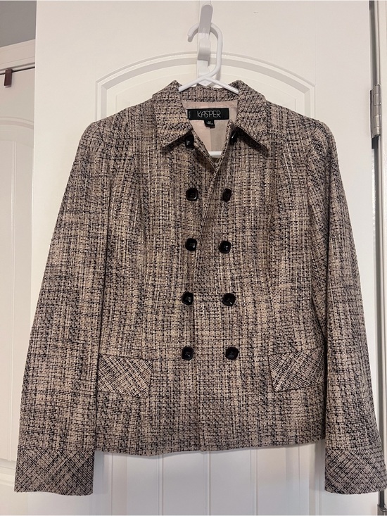Kasper Jackets & Blazers - Kasper Women's Tweed Double-Breasted Blazer in Beige and Black 4P